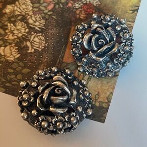 Vintage Signed Tortolani Clip On Earring Silver Tone large floral designer rose